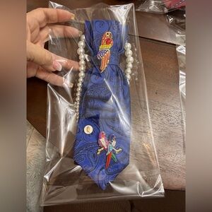 Upcycle Blue Paisley Tie necklace with Parrot Brooch